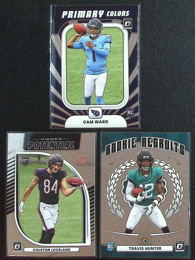 Lot of 3 2025 Donruss Optic NFL Rookie Card Inserts. Cam Ward, Loveland, Hunter (1 of 2)