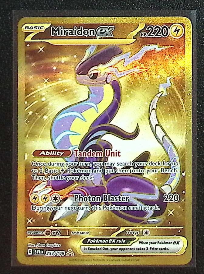 Pokemon Scarlet & Violet Base Set Miraidon Ex Gold Hyper Rare #253: Pokemon Trading Card Game Cards, Charizard, Pikachu, Mewtwo, Reverse Holo, Holo Rare, Secret Rare Cards, Full Art Cards, Eevee, Ultra Rare Card, Illustration Rare, Special Illustration Rare SIR
