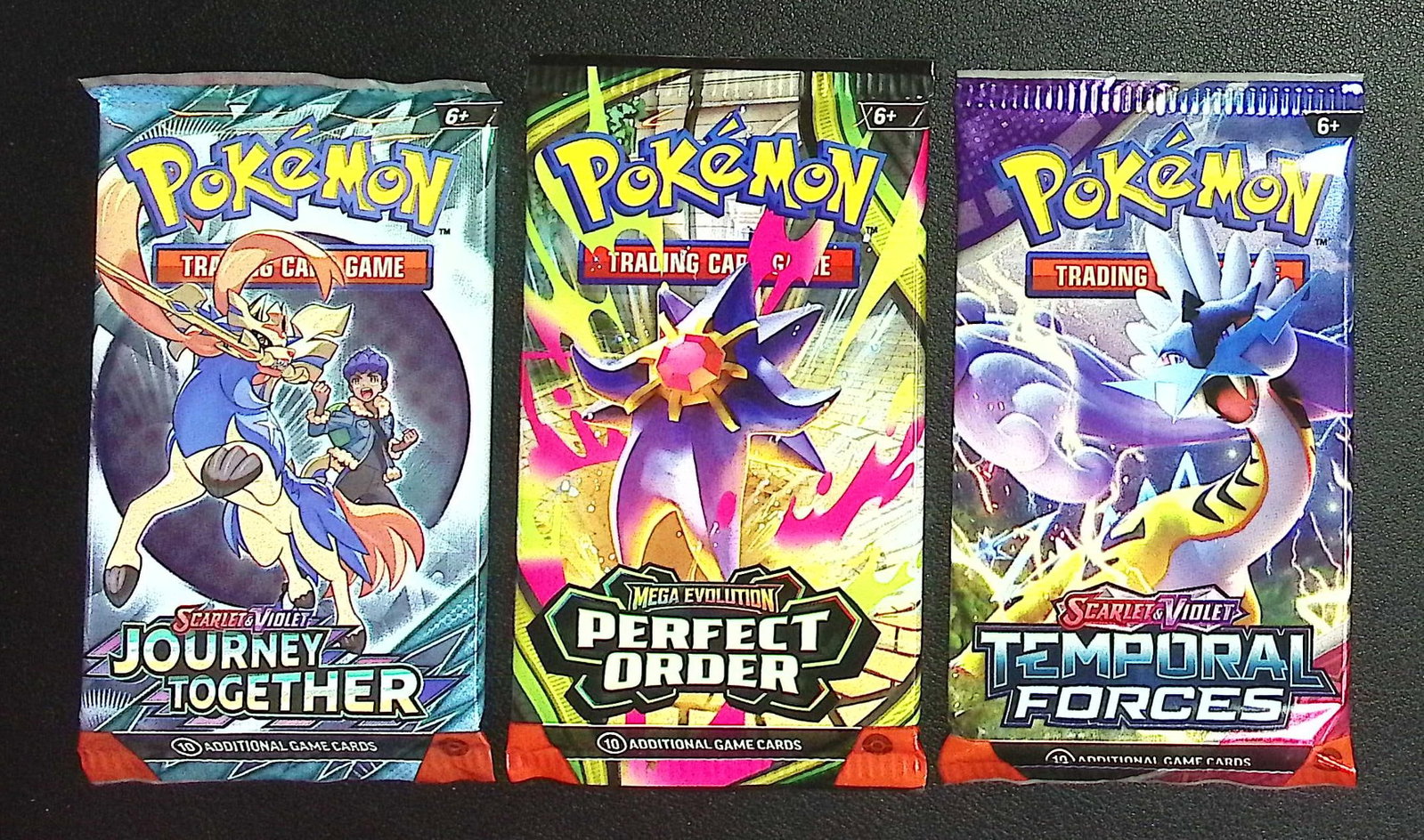 3 COUNT: 1 - Pokemon Journey Together, 1 - Perfect Order, & 1 - Temporal Forces Booster Packs: Pokemon Trading Card Game Cards, Charizard, Pikachu, Mewto, EX, Referse Holo, Holo Rare Cards, Secret Rare Cards, Full Art Cards, Evee, 3 Stars Ultra Rare Cards, Double Rare, Illustration Rare, Specia