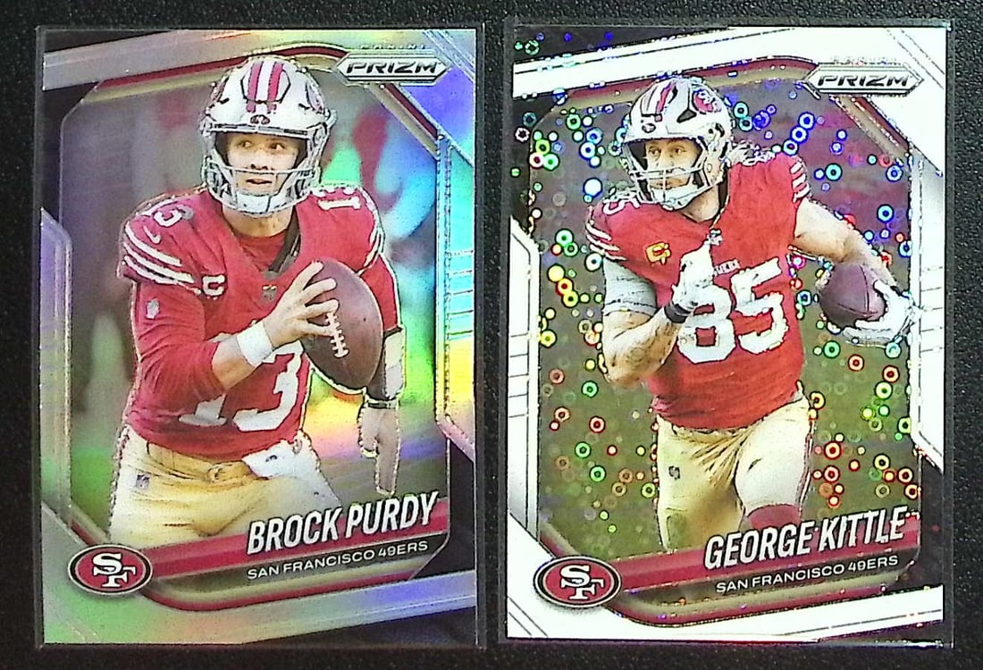 49ers Lot of 2 Brock Purdy Silver Prizm #255 & George Kittle White Disco Prizm #94 (1 of 2)