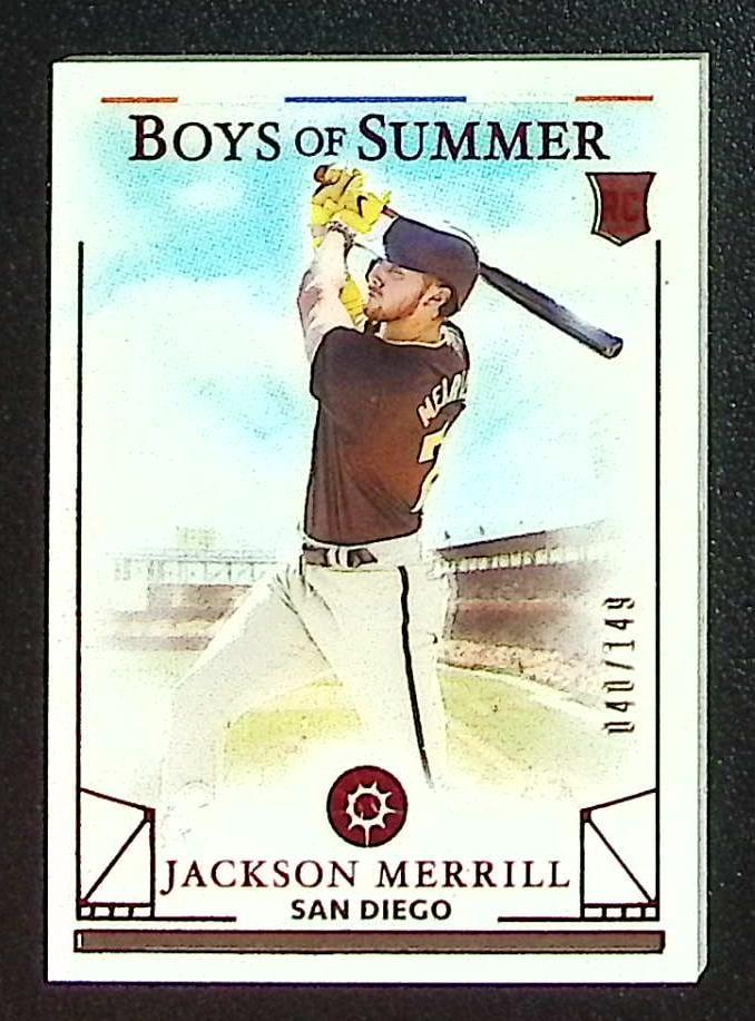 Jackson Merrill Rookie Card Red /149 2024 Panini Boys of Summer #60 Milwaukee Brewers: Panini Baseball MLB Trading & Sports Cards, Sports Cards for Sale Near Me, Prizm, Mosaic, Select, SP, SSP, Auction Memorabilia Lots for Sale On Line, World Series & Hall of Fame Players