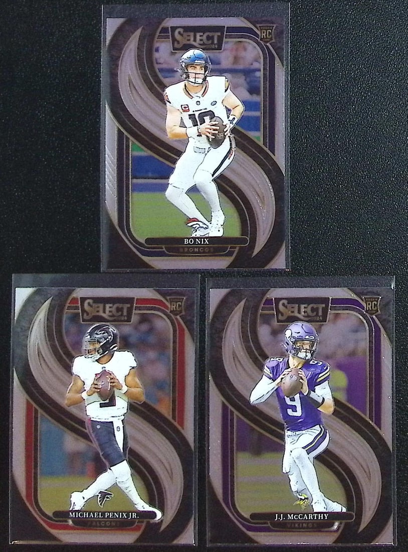 Lot of 3 2024 Select NFL QB Rookie Cards. Bo Nix, Michael Penix Jr., JJ McCarthy (1 of 2)