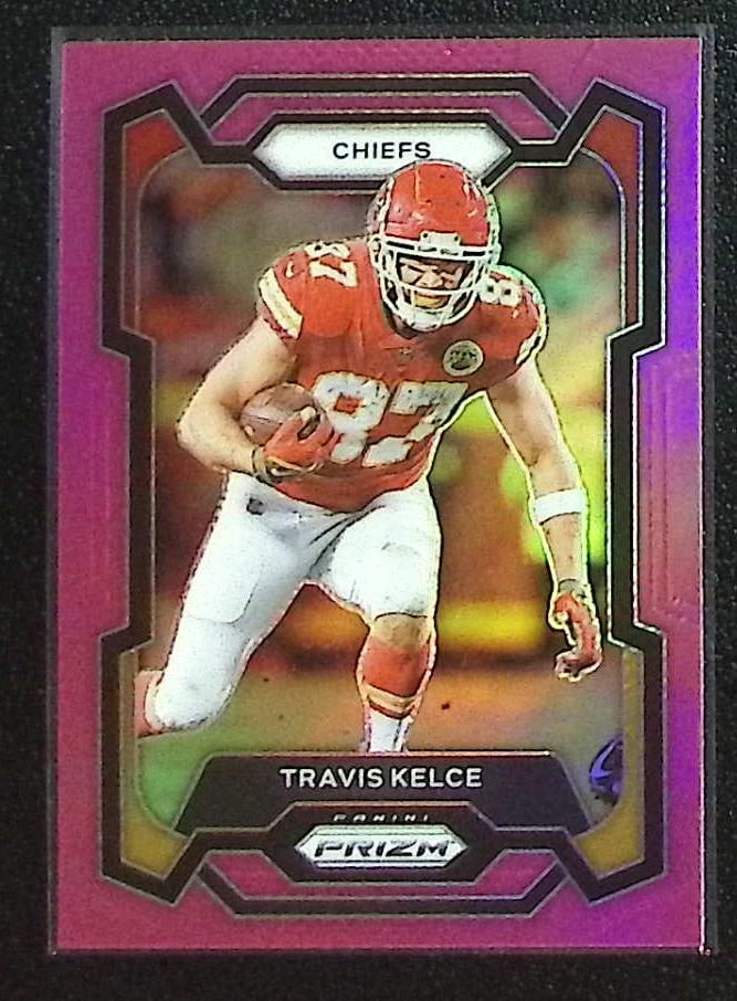 Travis Kelce Pink Prizm 2023 Panini Prizm #151 Kansas City Chiefs: Panini Select, Prizm, Mosaic, Contenders, Zenith, Phoenix, Illusions, Absolute, Rookie NFL Sports Trading Cards, SP, SSP, Cards, Football Cards for Sale Near Me, Superbowl & Hall of Fame Player Cards,
