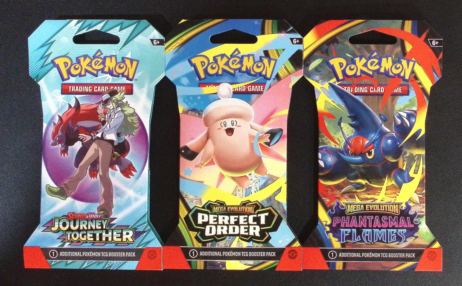 3 COUNT: 1 - Pokemon Journey Together, 1 - Perfect Order, & 1 - Phantasmal Flames Booster Packs: Pokemon Trading Card Game Cards, Charizard, Pikachu, Mewto, EX, Referse Holo, Holo Rare Cards, Secret Rare Cards, Full Art Cards, Evee, 3 Stars Ultra Rare Cards, Double Rare, Illustration Rare, Specia