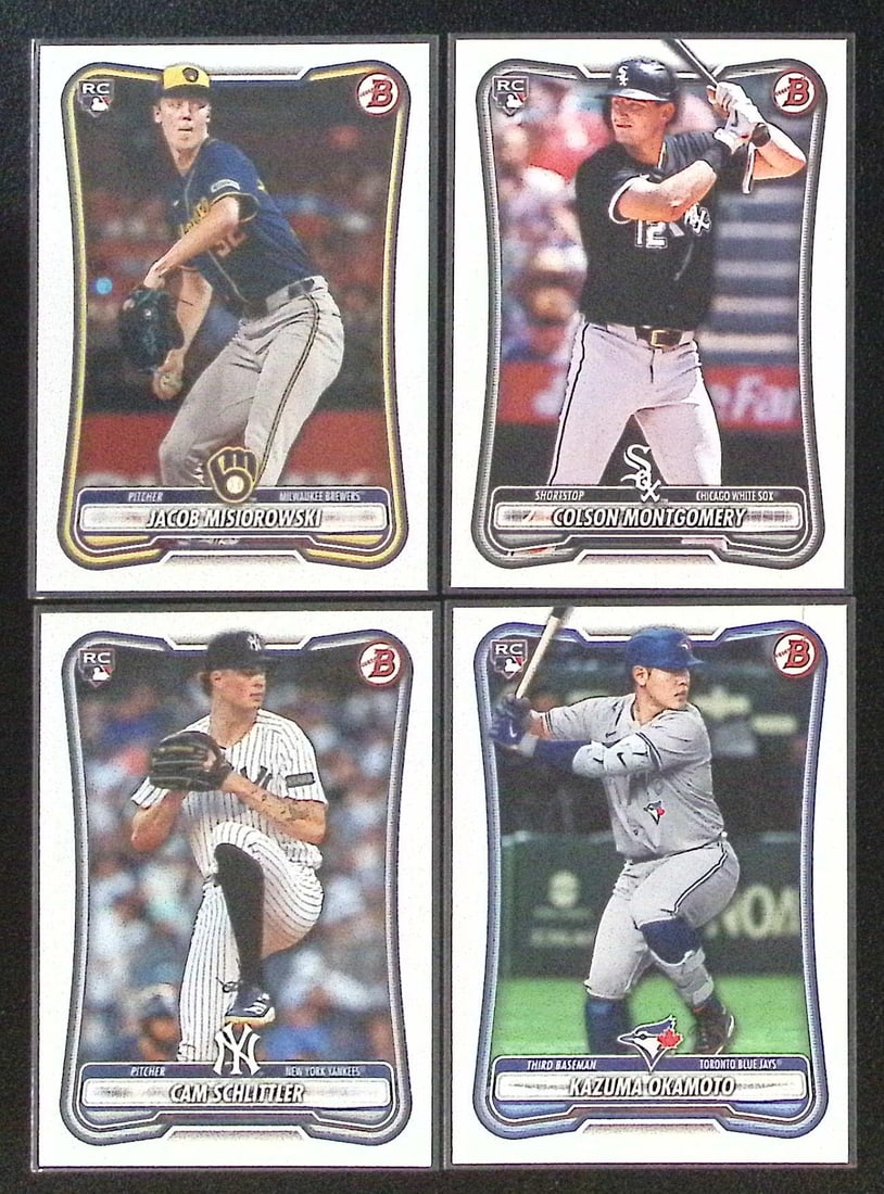 Lot of 4 2026 Bowman Paper Rookie Cards. Misiorowski, Montgomery, Schlitter, Okamoto: Bowman Baseball MLB Trading & Sports Cards, Sports Cards for Sale Near Me, World Series & Hall of Fame Players, SP, SSP, Chrome, 1st Bowman, Auction Memorabilia Lots Sold On Line
