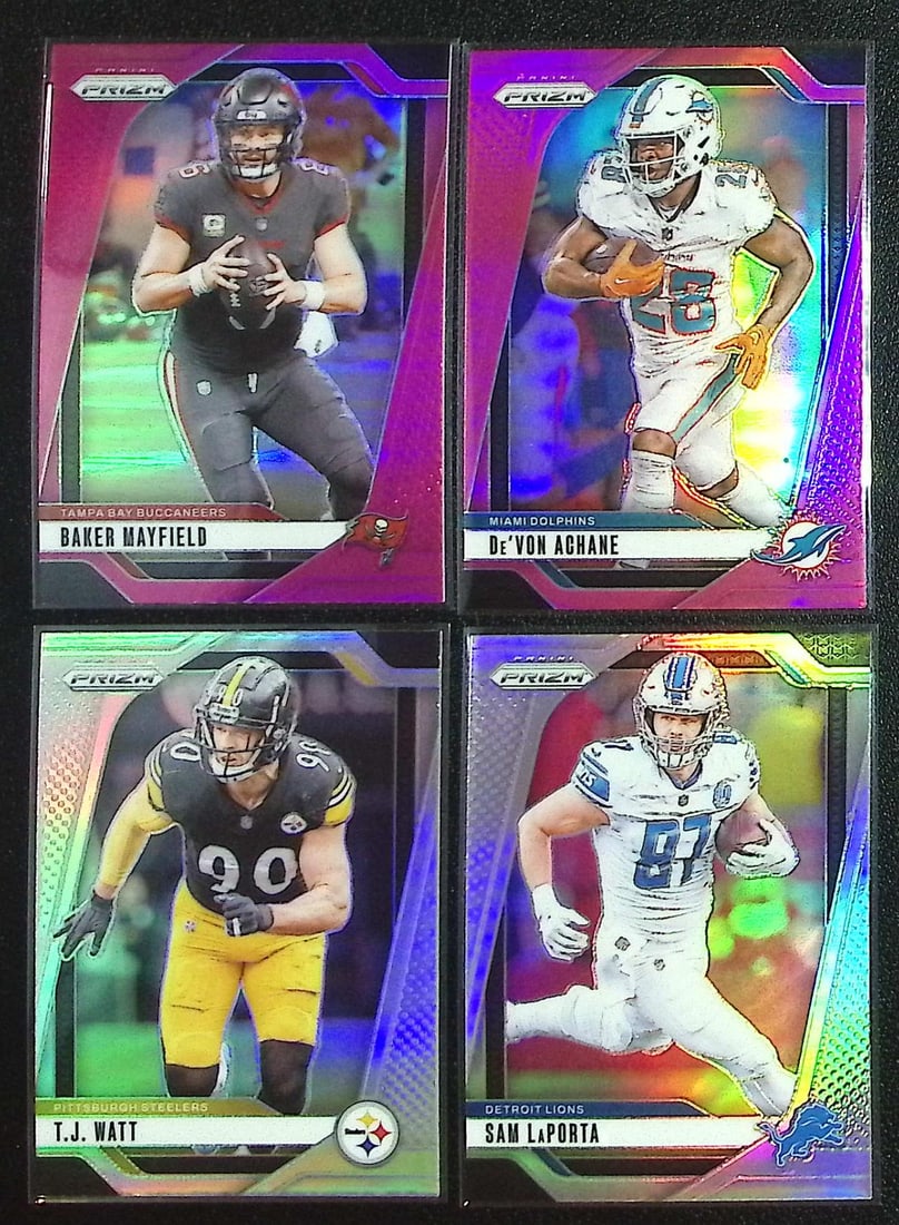 Lot of 4 2024 Panini Prizm NFL Silver & Pink Prizms. Mayfield, Achane, TJ Watt, LaPorta: Panini Select, Prizm, Mosaic, Contenders, Zenith, Phoenix, Illusions, Absolute, Rookie NFL Sports Trading Cards, SP, SSP, Cards, Football Cards for Sale Near Me, Superbowl & Hall of Fame Player Cards,