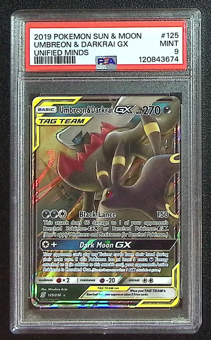 Pokemon Sun & Moon Unified Minds Tag Team Umbreon & Darkrai Gx #125 PSA 9: Pokemon Trading Card Game Cards, Charizard, Pikachu, Mewtwo, Reverse Holo, Holo Rare, Secret Rare Cards, Full Art Cards, Eevee, Ultra Rare Card, Illustration Rare, Special Illustration Rare SIR
