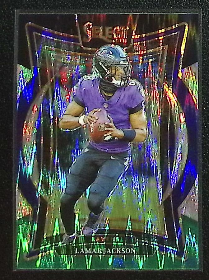 Lamar Jackson Black/Green Shock Prizm 2024 Select #35 Baltimore Ravens: Panini Select, Prizm, Mosaic, Contenders, Zenith, Phoenix, Illusions, Absolute, Rookie NFL Sports Trading Cards, SP, SSP, Cards, Football Cards for Sale Near Me, Superbowl & Hall of Fame Player Cards,