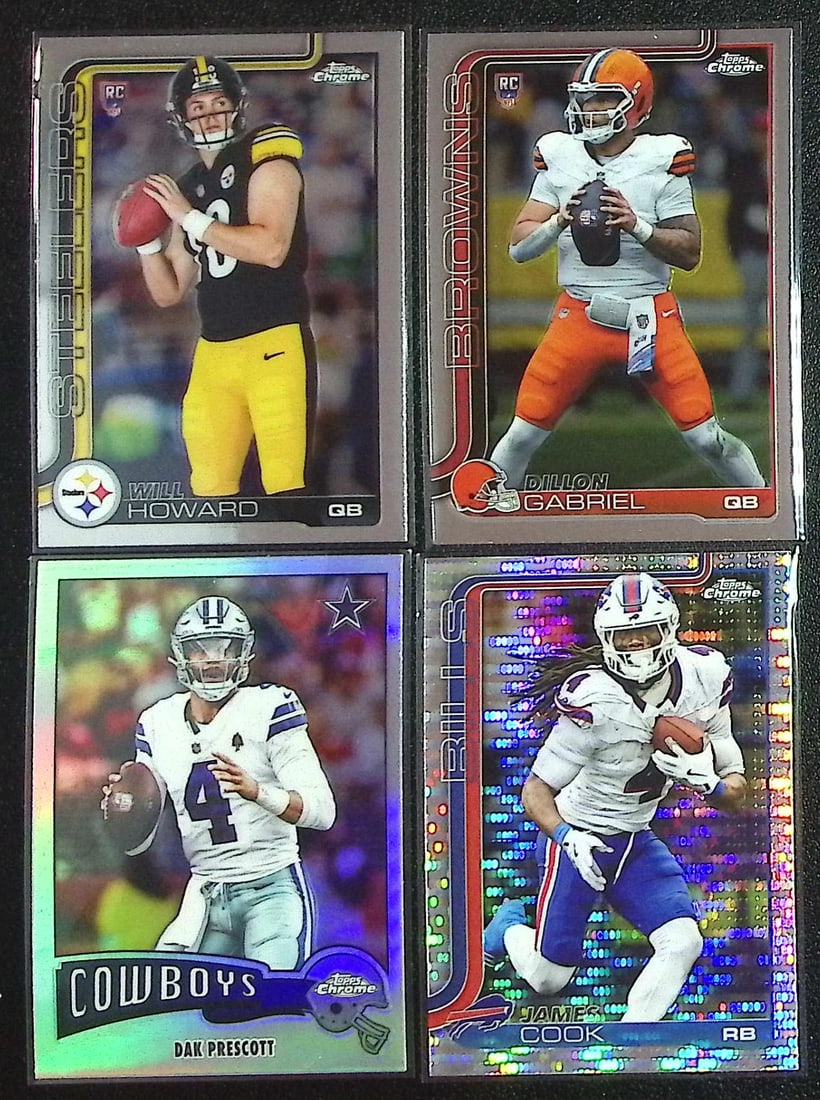 Lot of 4 2025 Topps Chrome NFL Rookies & Refractors. Howard, Gabriel, Prescott, Cook: Topps Football NFL Trading Sports Cards, Sports Cards for Sale Near Me, Super Bowl & Hall of Fame Player Cards, Resurgence, Composite, SP, SSP, Valuable Auction Memorabilia Lots For Sale On Line