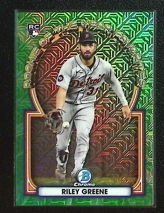 Riley Greene Rookie Card Green Mojo /99 2023 Bowman Chrome #ROYF-6 Detroit Tigers: Bowman Baseball MLB Trading & Sports Cards, Sports Cards for Sale Near Me, World Series & Hall of Fame Players, SP, SSP, Chrome, 1st Bowman, Auction Memorabilia Lots Sold On Line
