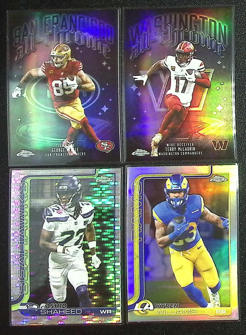 Lot of 4 2025 Topps Chrome NFL Refractors. Kittle, McLaurin, Shaheed, Kyren Williams (1 of 2)