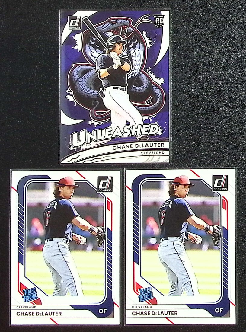 Lot of 3 Chase DeLauter Rookie Cards 2026 Donruss. 2 Base #3 & 1 Unleashed #18. Guardians (1 of 2)