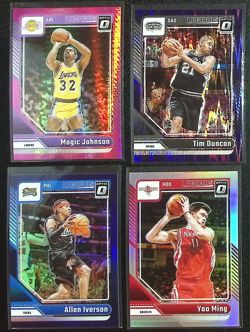 Lot of 4 2024-25 Donruss Optic NBA Legends Prizms. Magic, Duncan, Iverson, Ming (1 of 2)