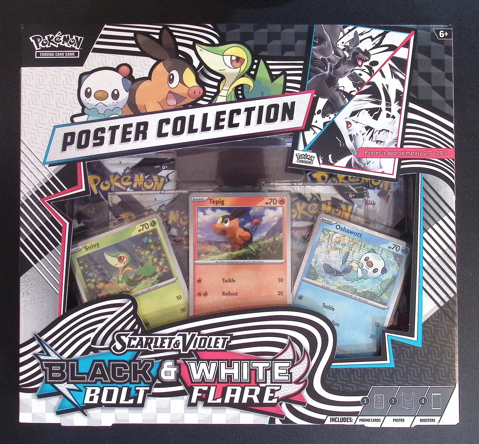 Pokemon Scarlet & Violet Black Bolt & White Flare Unova Poster Collection - 4 Booster Packs: Pokemon Trading Card Game Cards, Charizard, Pikachu, Mewto, EX, Referse Holo, Holo Rare Cards, Secret Rare Cards, Full Art Cards, Evee, 3 Stars Ultra Rare Cards, Double Rare, Illustration Rare, Specia