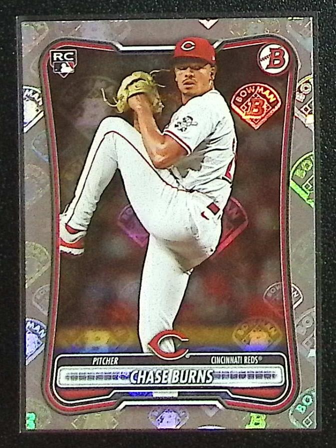 Chase Burns Rookie Card Bowman Logo Pattern Border 2026 Bowman #3 Cincinnati Reds: Bowman Baseball MLB Trading & Sports Cards, Sports Cards for Sale Near Me, World Series & Hall of Fame Players, SP, SSP, Chrome, 1st Bowman, Auction Memorabilia Lots Sold On Line