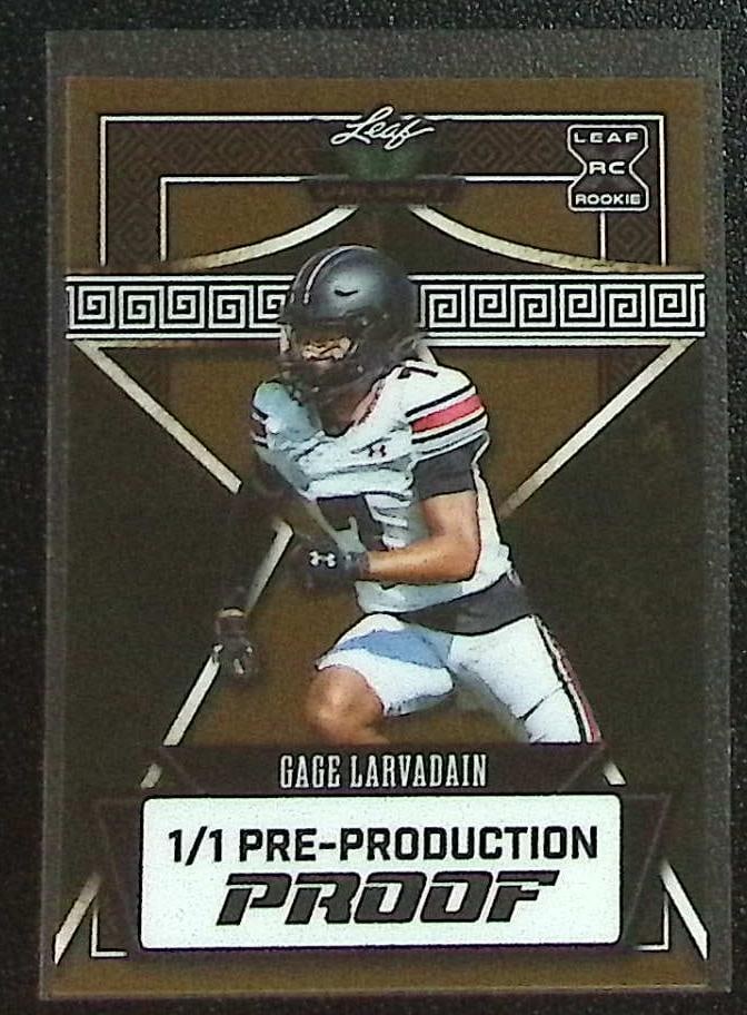 Gage Larvadain 1/1 Pre Production Proof Rookie Leaf Valiant: Leaf Football NFL Trading Cards, Sports Cards for Sale Near Me, Hall of Fame & Super Bowl Player Cards, Auction Memorabilia Lots for Sale on Line