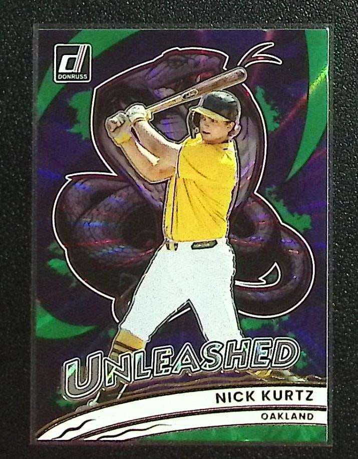 Nick Kurtz Unleashed Green Holo Laser 2026 Panini Donruss #20: Panini Baseball MLB Trading & Sports Cards, Sports Cards for Sale Near Me, Prizm, Mosaic, Select, SP, SSP, Auction Memorabilia Lots for Sale On Line, World Series & Hall of Fame Players