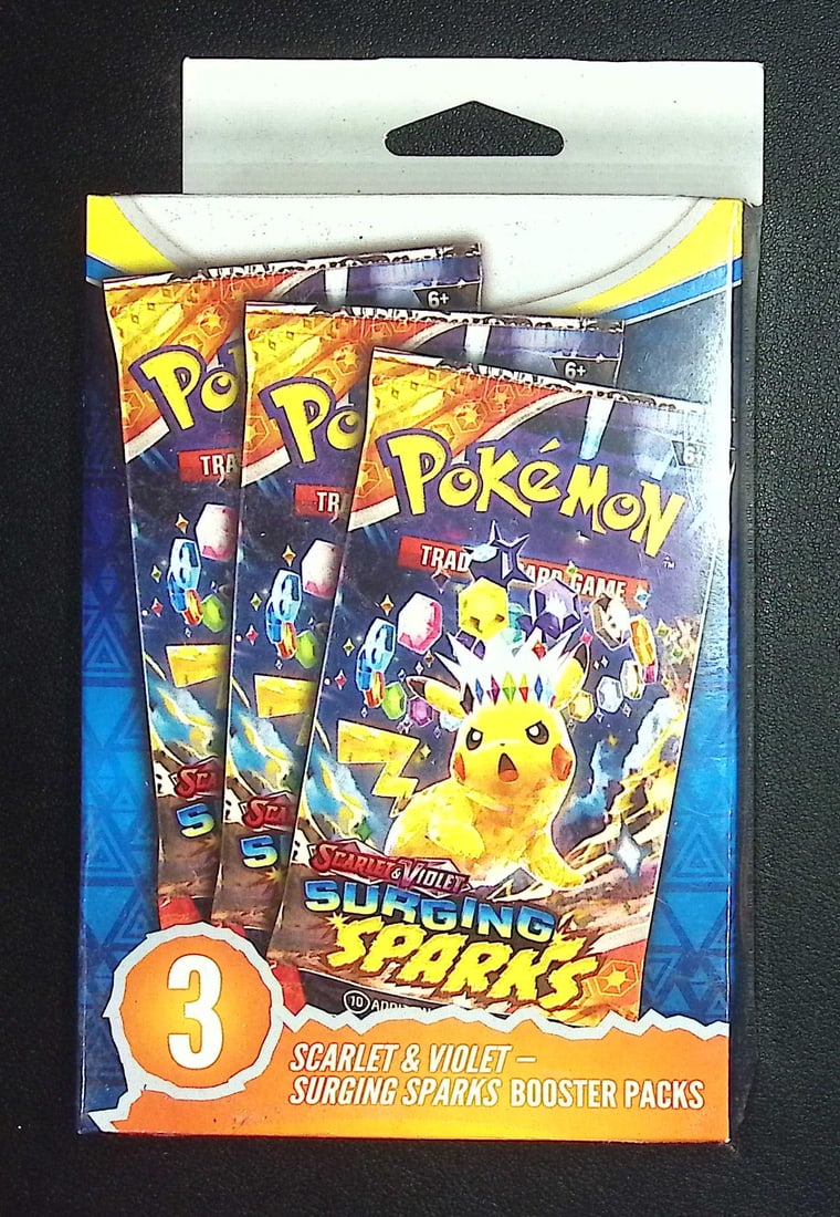 Pokemon Surging Sparks 3 Booster Pack Hanger Box: Pokemon Trading Card Game Cards, Charizard, Pikachu, Mewto, EX, Referse Holo, Holo Rare Cards, Secret Rare Cards, Full Art Cards, Evee, 3 Stars Ultra Rare Cards, Double Rare, Illustration Rare, Specia