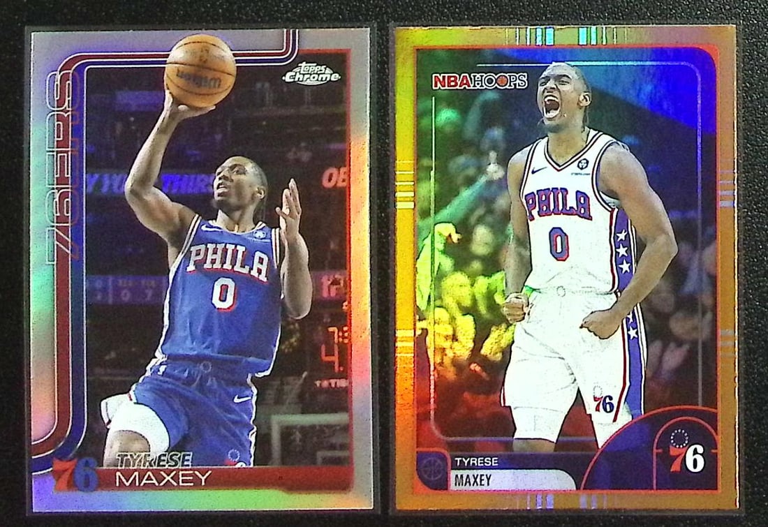 Lot of 2 Tyrese Maxey Refractors/Foils. Topps Chrome Refractor #185 & Hoops Orange Foil #258: Topps Basketball NBA Trading & Sports Cards, Sports Cards for Sale Near Me, Chrome, Refractor, SP, SSP, Valuable Auction Memorabilia Lots Sold On Line, NBA Championship & Hall of Fame Player Cards