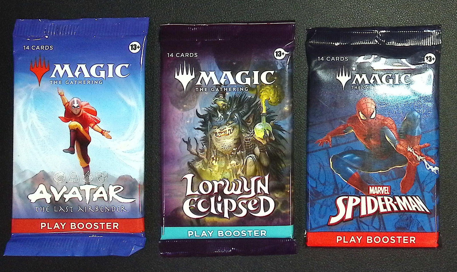 3 Count: Magic the Gathering Play Booster Packs-The Last Airbender, Lorwyn Eclipsed & Spiderman: Trading Card Game, TCG, Trading Card Games for Sale Near Me, Collectible Card Game, CCG, Auction Lots for Sale On Line, Foil Cards