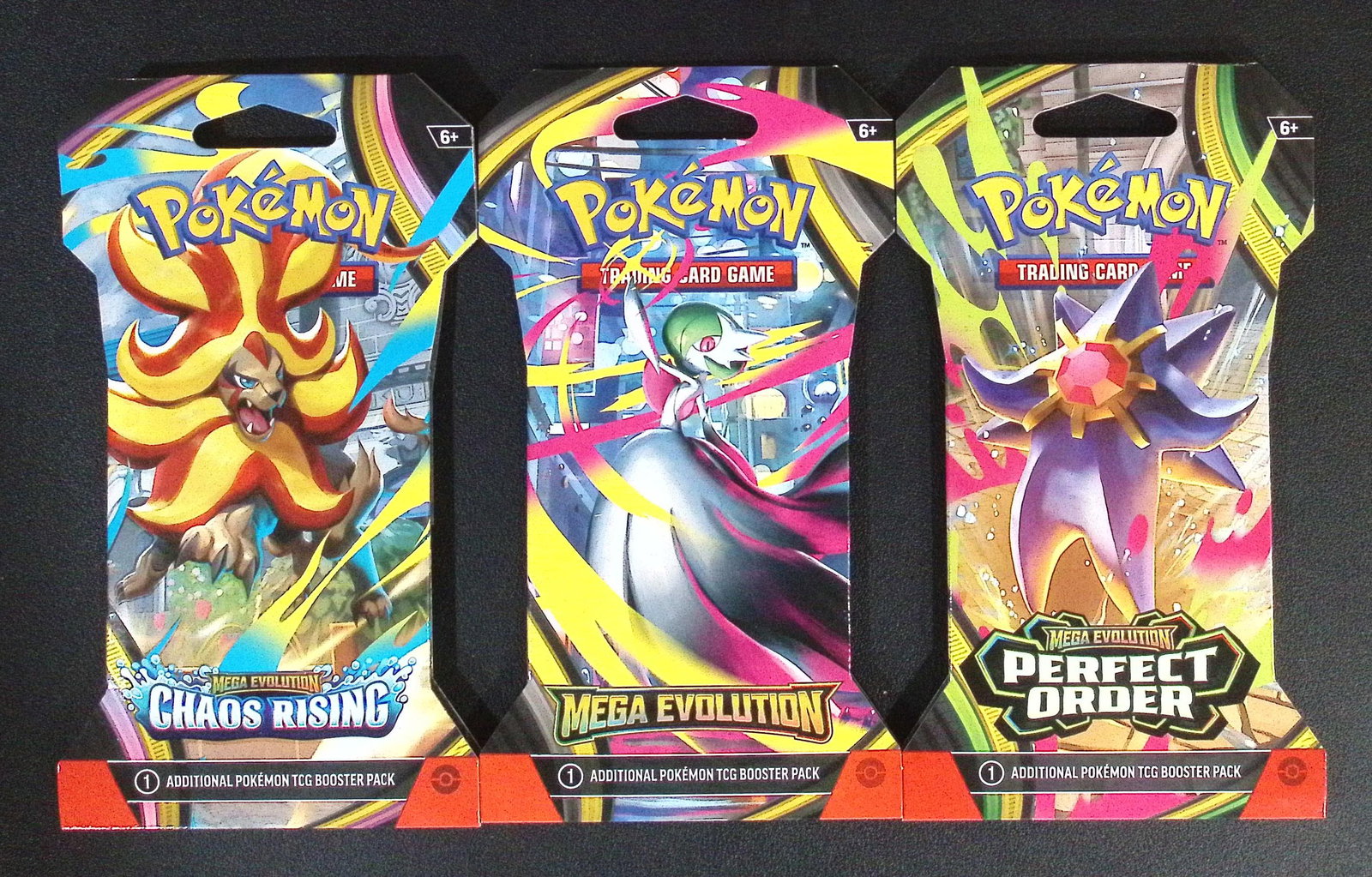 3 COUNT: 1 - Pokemon Chaos Rising, 1 - Mega Evolution, 1 - Perfect Order Booster Packs: Pokemon Trading Card Game Cards, Charizard, Pikachu, Mewto, EX, Referse Holo, Holo Rare Cards, Secret Rare Cards, Full Art Cards, Evee, 3 Stars Ultra Rare Cards, Double Rare, Illustration Rare, Specia