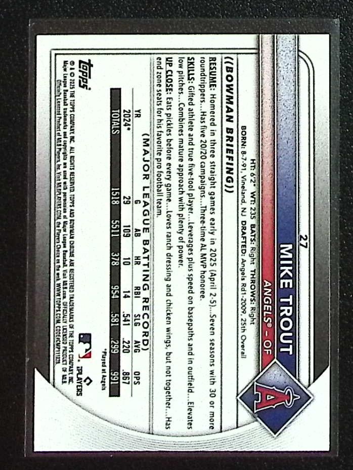 Mike Trout Mojo Refractor 2025 Bowman Chrome #27 Los Angeles Angels: Bowman Baseball MLB Trading & Sports Cards, Sports Cards for Sale Near Me, World Series & Hall of Fame Players, SP, SSP, Chrome, 1st Bowman, Auction Memorabilia Lots Sold On Line