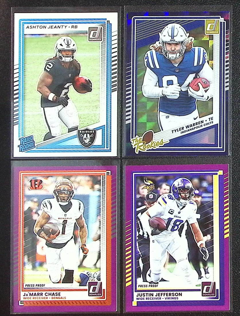 Lot of 2025 Donruss Football Rookies & Press Proofs. Jeanty RC, Warren RC, Chase, Jefferson: Panini Select, Prizm, Mosaic, Contenders, Zenith, Phoenix, Illusions, Absolute, Rookie NFL Sports Trading Cards, SP, SSP, Cards, Football Cards for Sale Near Me, Superbowl & Hall of Fame Player