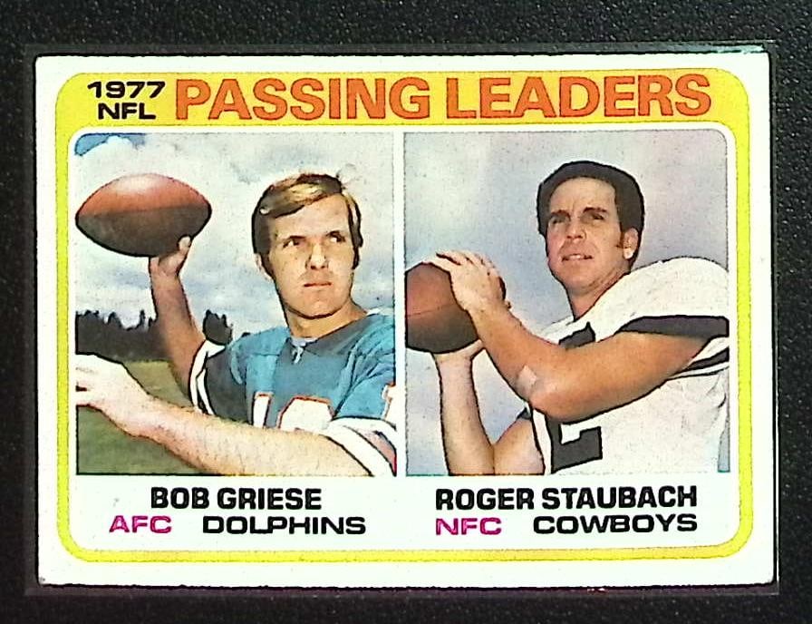 Bob Griese/Roger Staubach Passing Leaders 1978 Topps #331: Topps Football NFL Trading Sports Cards, Sports Cards for Sale Near Me, Super Bowl & Hall of Fame Player Cards, Resurgence, Composite, SP, SSP, Valuable Auction Memorabilia Lots For Sale On Line