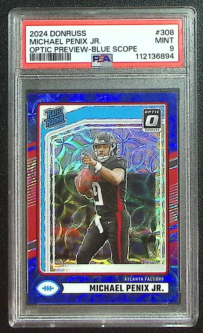 Michael Penix Jr. Rookie Card Blue Scope Prizm 2024 Donruss Optic #308 PSA 9: Panini Select, Prizm, Mosaic, Contenders, Zenith, Phoenix, Illusions, Absolute, Rookie NFL Sports Trading Cards, SP, SSP, Cards, Football Cards for Sale Near Me, Superbowl & Hall of Fame Player Cards,