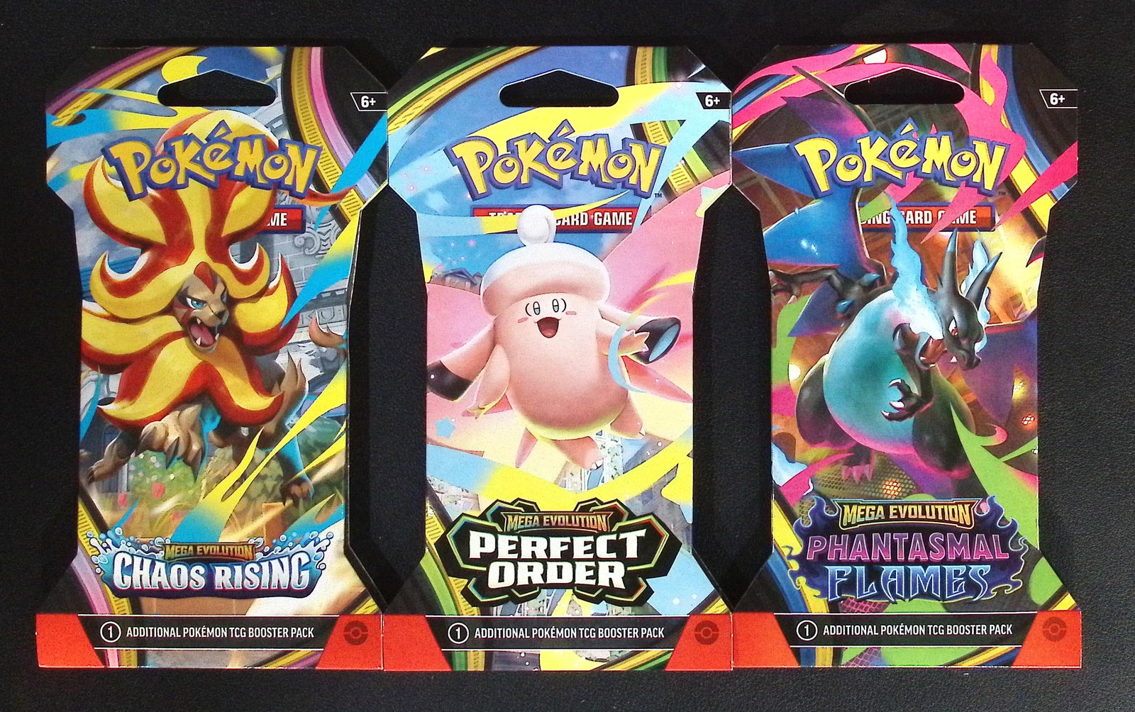 3 COUNT: 1 - Pokemon Chaos Rising, 1 - Perfect Order, 1 - Phantasmal Flames Booster Packs: Pokemon Trading Card Game Cards, Charizard, Pikachu, Mewto, EX, Referse Holo, Holo Rare Cards, Secret Rare Cards, Full Art Cards, Evee, 3 Stars Ultra Rare Cards, Double Rare, Illustration Rare, Specia
