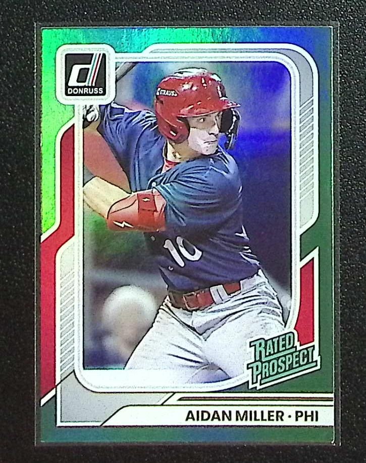 Aidan Miller Rated Prospect Green Foil /199 2026 Panini Donruss #111 Philadelphia Phillies: Donruss Baseball MLB Trading & Sports Cards, Sports Cards for Sale Near Me, Prizm, Mosaic, Select, SP, SSP, Auction Memorabilia Lots for Sale On Line, World Series & Hall of Fame Players, Diamond King