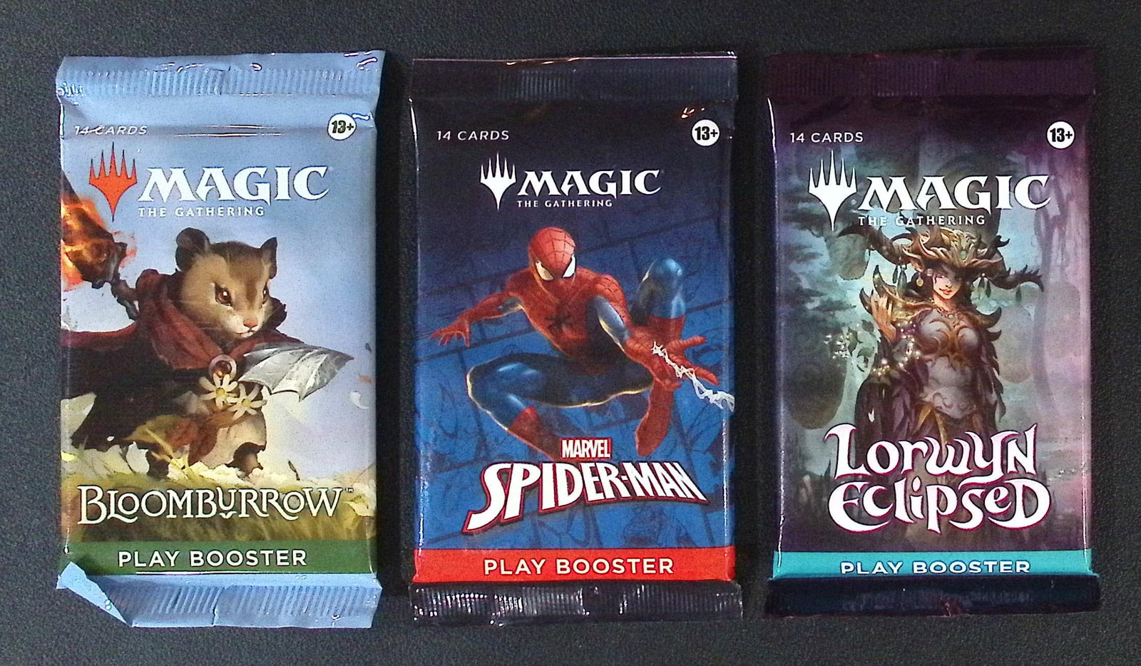 3 Count: Magic the Gathering Play Booster Packs-Bloomburrow, Lorwyn Eclipsed & Spiderman: Trading Card Game, TCG, Trading Card Games for Sale Near Me, Collectible Card Game, CCG, Auction Lots for Sale On Line, Foil Cards