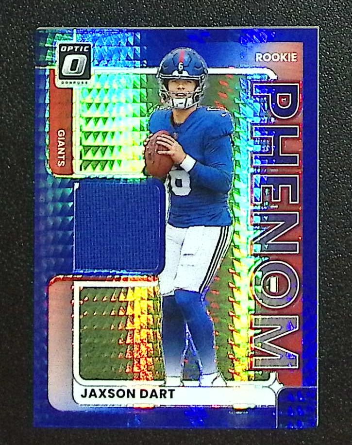 Jaxson Dart Rookie Card Blue Hyper Prizm Patch 2025 Donruss Optic #RPBH-JCW Giants: Panini Select, Prizm, Mosaic, Contenders, Zenith, Phoenix, Illusions, Absolute, Rookie NFL Sports Trading Cards, SP, SSP, Cards, Football Cards for Sale Near Me, Superbowl & Hall of Fame Player Cards,