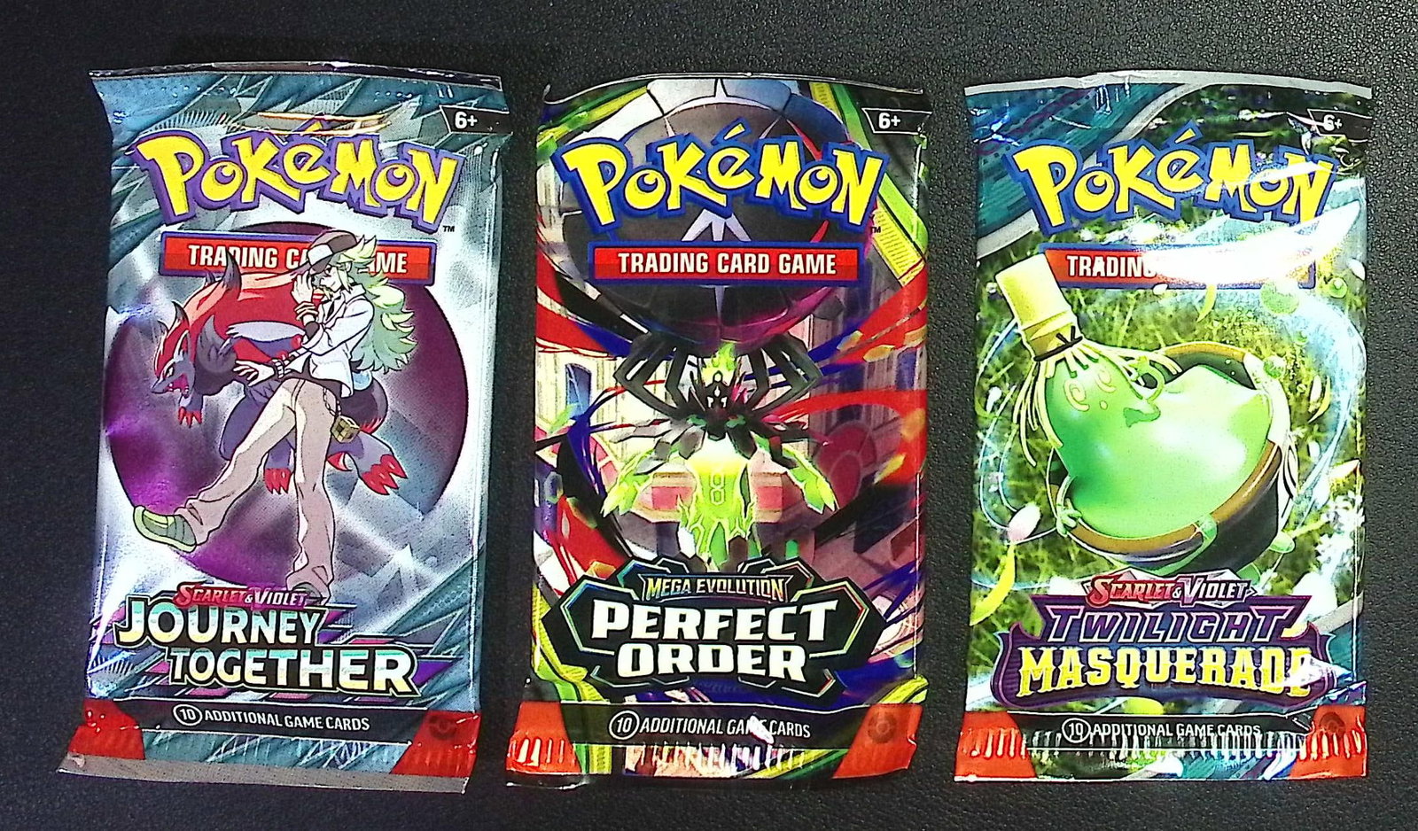 3 COUNT: 1 - Pokemon Journey Together, 1 - Perfect Order, & 1 - Twilight Masquerade Booster Packs: Pokemon Trading Card Game Cards, Charizard, Pikachu, Mewto, EX, Referse Holo, Holo Rare Cards, Secret Rare Cards, Full Art Cards, Evee, 3 Stars Ultra Rare Cards, Double Rare, Illustration Rare, Specia