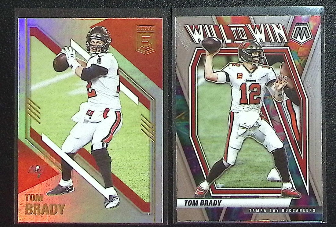 Lot of 2 2021 Tom Brady Panini Football Cards. Mosaic #WW-1 & Donruss Elite #7: Panini Select, Prizm, Mosaic, Contenders, Zenith, Phoenix, Illusions, Absolute, Rookie NFL Sports Trading Cards, SP, SSP, Cards, Football Cards for Sale Near Me, Superbowl & Hall of Fame Player Cards,
