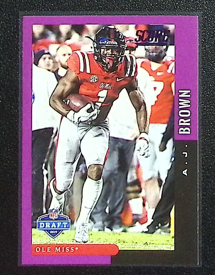 Aj Brown Rookie Card Purple 2019 Panini Score NFL Draft #DFT-10 Ole Miss, Eagles: Panini Select, Prizm, Mosaic, Contenders, Zenith, Phoenix, Illusions, Absolute, Rookie NFL Sports Trading Cards, SP, SSP, Cards, Football Cards for Sale Near Me, Superbowl & Hall of Fame Player Cards,