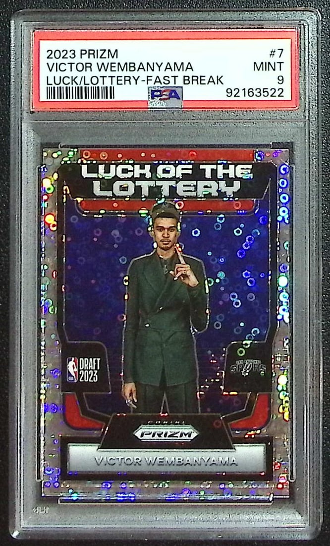Victor Wembanyama Rookie Luck of the Lottery Fast Break Prizm 2023-24 Prizm #7 PSA 9: Panini Select, Prizm, Mosaic, Contenders, Revolution, Phoenix, NBA Hoops, Rookie NFL Sports Trading Cards, Silver, SP, SSP, Wave Prizms, Numbered Cards, Basketball sports Cards for Sale Near Me, NBA C
