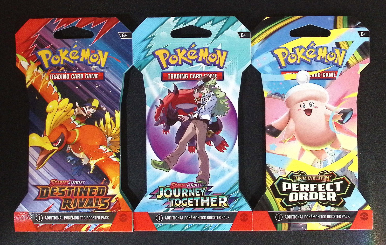 3 COUNT: 1 - Pokemon Destined Rivals, 1 - Pokemon Journey Together, 1 - Perfect order Booster Packs: Pokemon Trading Card Game Cards, Charizard, Pikachu, Mewto, EX, Referse Holo, Holo Rare Cards, Secret Rare Cards, Full Art Cards, Evee, 3 Stars Ultra Rare Cards, Double Rare, Illustration Rare, Specia