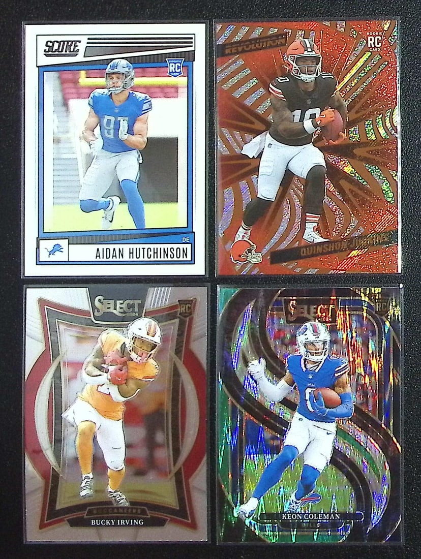 Lot of 4 NFL Rookie Cards. Hutchinson, Judkins, Irving, Coleman: Panini Select, Prizm, Mosaic, Contenders, Zenith, Phoenix, Illusions, Absolute, Rookie NFL Sports Trading Cards, SP, SSP, Cards, Football Cards for Sale Near Me, Superbowl & Hall of Fame Player Cards,