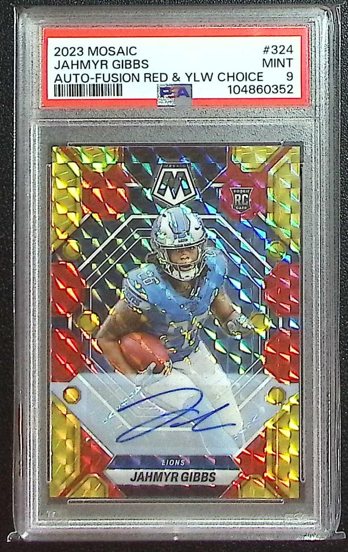 Jahmyr Gibbs Rookie Auto Fusion Red/Yellow Choice 2023 Mosaic #324 PSA 9 Lions: Panini Select, Prizm, Mosaic, Contenders, Zenith, Phoenix, Illusions, Absolute, Rookie NFL Sports Trading Cards, SP, SSP, Cards, Football Cards for Sale Near Me, Superbowl & Hall of Fame Player Cards,