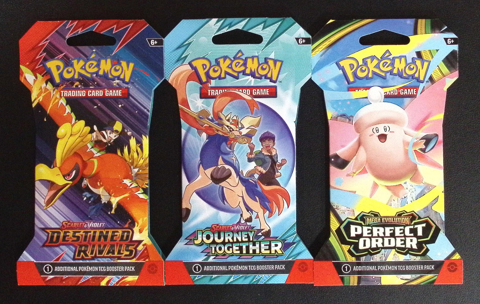 3 COUNT: 1 - Pokemon Destined Rivals, 1 - Pokemon Journey Together, 1 - Perfect order Booster Packs: Pokemon Trading Card Game Cards, Charizard, Pikachu, Mewto, EX, Referse Holo, Holo Rare Cards, Secret Rare Cards, Full Art Cards, Evee, 3 Stars Ultra Rare Cards, Double Rare, Illustration Rare, Specia