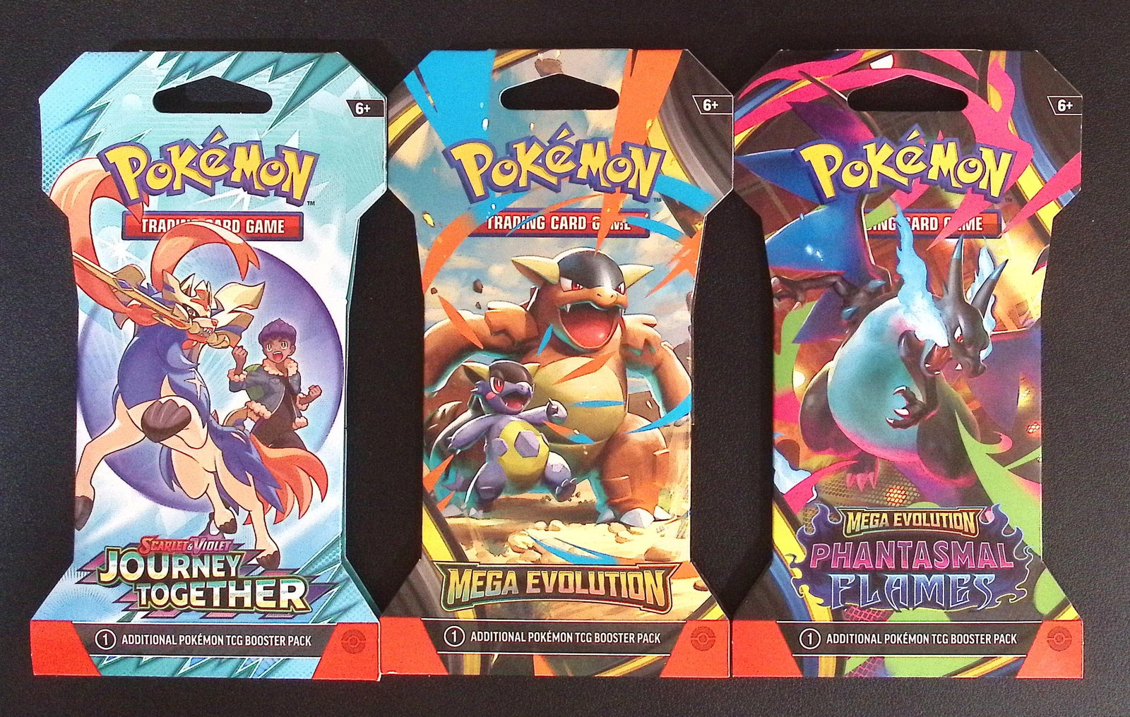 3 COUNT: 1 - Pokemon Journey Together, 1 - 2025 Mega Evolutions & 1 - Phantasmal Flames Booster: Pokemon Trading Card Game Cards, Charizard, Pikachu, Mewto, EX, Referse Holo, Holo Rare Cards, Secret Rare Cards, Full Art Cards, Evee, 3 Stars Ultra Rare Cards, Double Rare, Illustration Rare, Specia