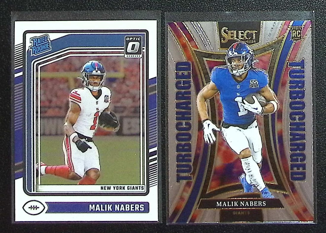 Lot of 2 Malik Nabers Rookie Cards. 2024 Donruss Optic #271 & Select Turbocharged #15: Panini Select, Prizm, Mosaic, Contenders, Zenith, Phoenix, Illusions, Absolute, Rookie NFL Sports Trading Cards, SP, SSP, Cards, Football Cards for Sale Near Me, Superbowl & Hall of Fame Player Cards,