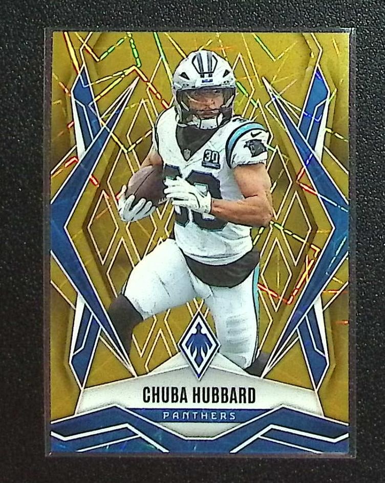 Chuba Hubbard Gold Lazer /10 2025 Panini Phoenix #75: Panini Select, Prizm, Mosaic, Contenders, Zenith, Phoenix, Illusions, Absolute, Rookie NFL Sports Trading Cards, SP, SSP, Cards, Football Cards for Sale Near Me, Superbowl & Hall of Fame Player Cards,