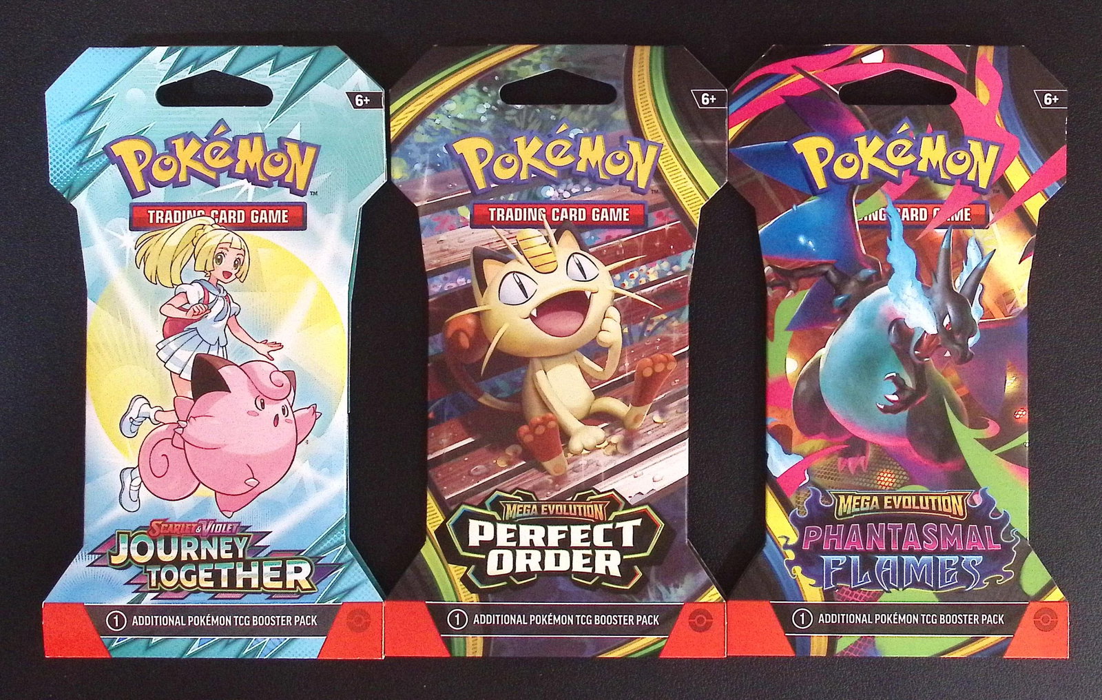 3 COUNT: 1 - Pokemon Journey Together, 1 - Perfect Order, & 1 - Phantasmal Flames Booster Packs: Pokemon Trading Card Game Cards, Charizard, Pikachu, Mewto, EX, Referse Holo, Holo Rare Cards, Secret Rare Cards, Full Art Cards, Evee, 3 Stars Ultra Rare Cards, Double Rare, Illustration Rare, Specia