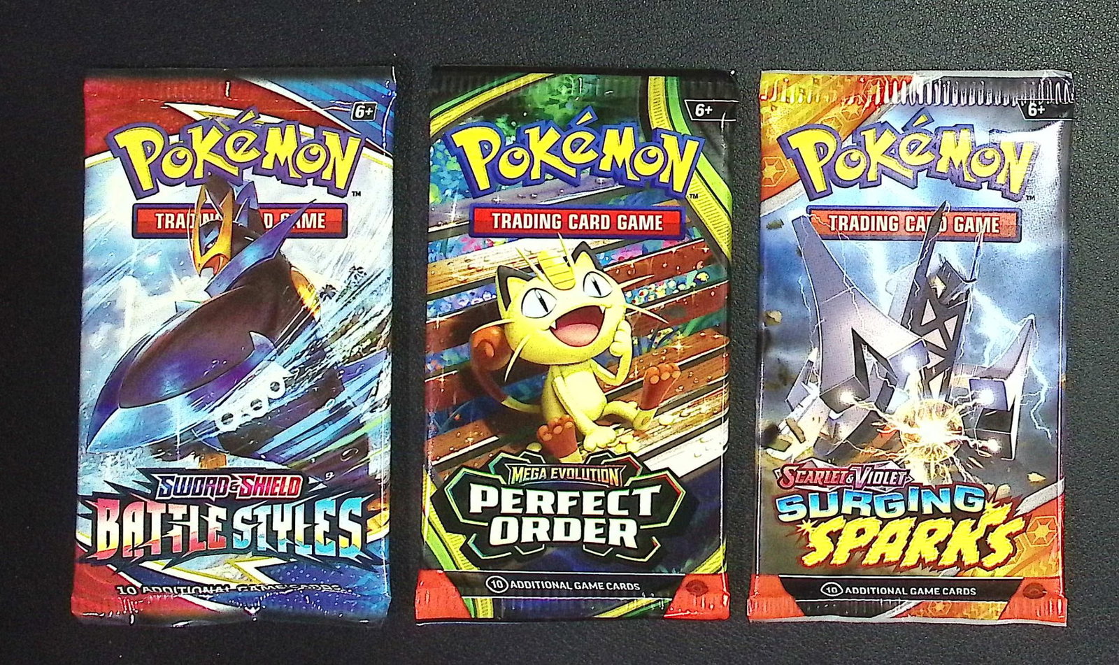 3 COUNT: 1 - Pokemon Battle Styles, 1 - Perfect Order, & 1 - Surging Sparks: Pokemon Trading Card Game Cards, Charizard, Pikachu, Mewto, EX, Referse Holo, Holo Rare Cards, Secret Rare Cards, Full Art Cards, Evee, 3 Stars Ultra Rare Cards, Double Rare, Illustration Rare, Specia