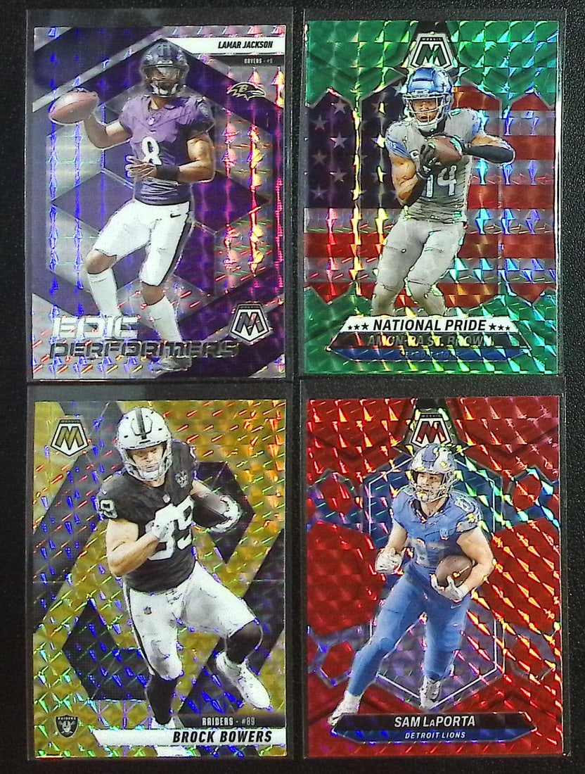 Lot of 4 Mosaic NFL Mosaic Prizms. Lamar Jackson, St. Brown, Bowers, LaPorta: Panini Select, Prizm, Mosaic, Contenders, Zenith, Phoenix, Illusions, Absolute, Rookie NFL Sports Trading Cards, SP, SSP, Cards, Football Cards for Sale Near Me, Superbowl & Hall of Fame Player Cards,