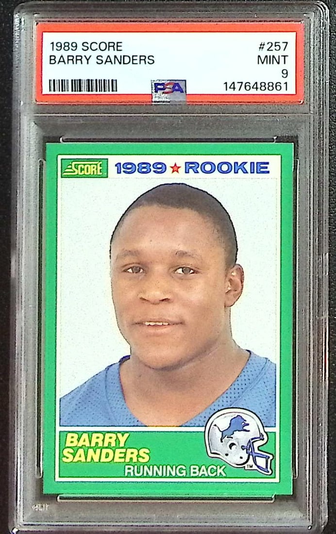 Barry Sanders Rookie Card 1989 Score #257 PSA 9 Detroit Lions: Panini Select, Prizm, Mosaic, Contenders, Zenith, Phoenix, Illusions, Absolute, Rookie NFL Sports Trading Cards, SP, SSP, Cards, Football Cards for Sale Near Me, Superbowl & Hall of Fame Player Cards,
