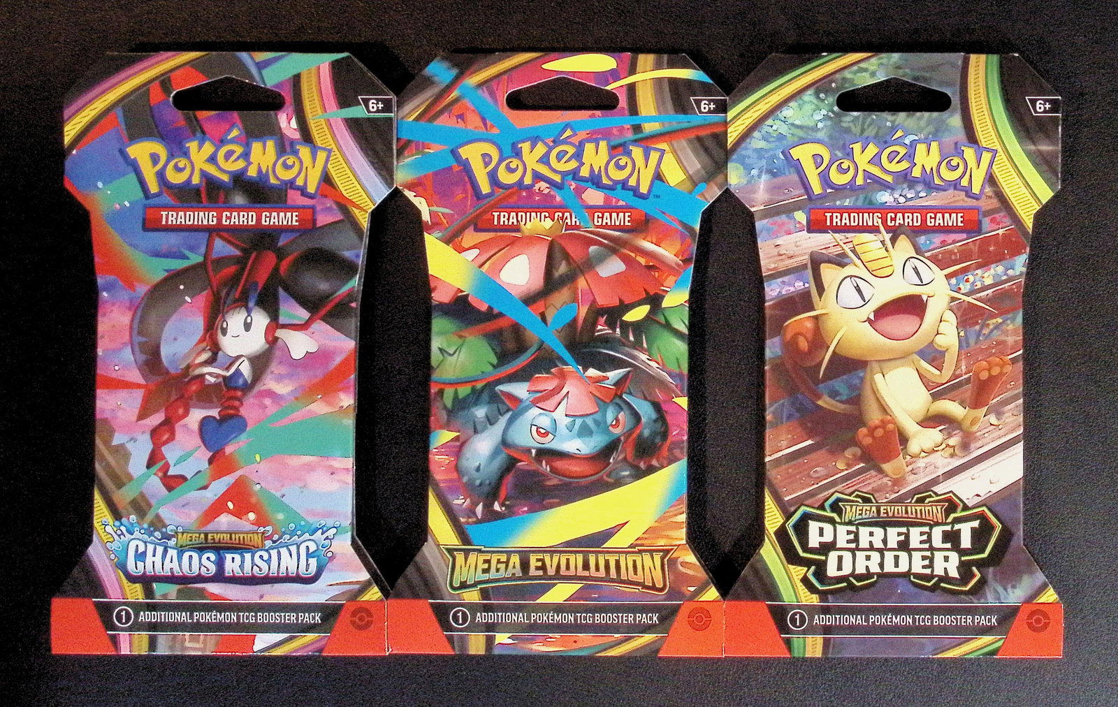 3 COUNT: 1 - Pokemon Chaos Rising, 1 - Mega Evolution, 1 - Perfect Order Booster Packs (1 of 1)