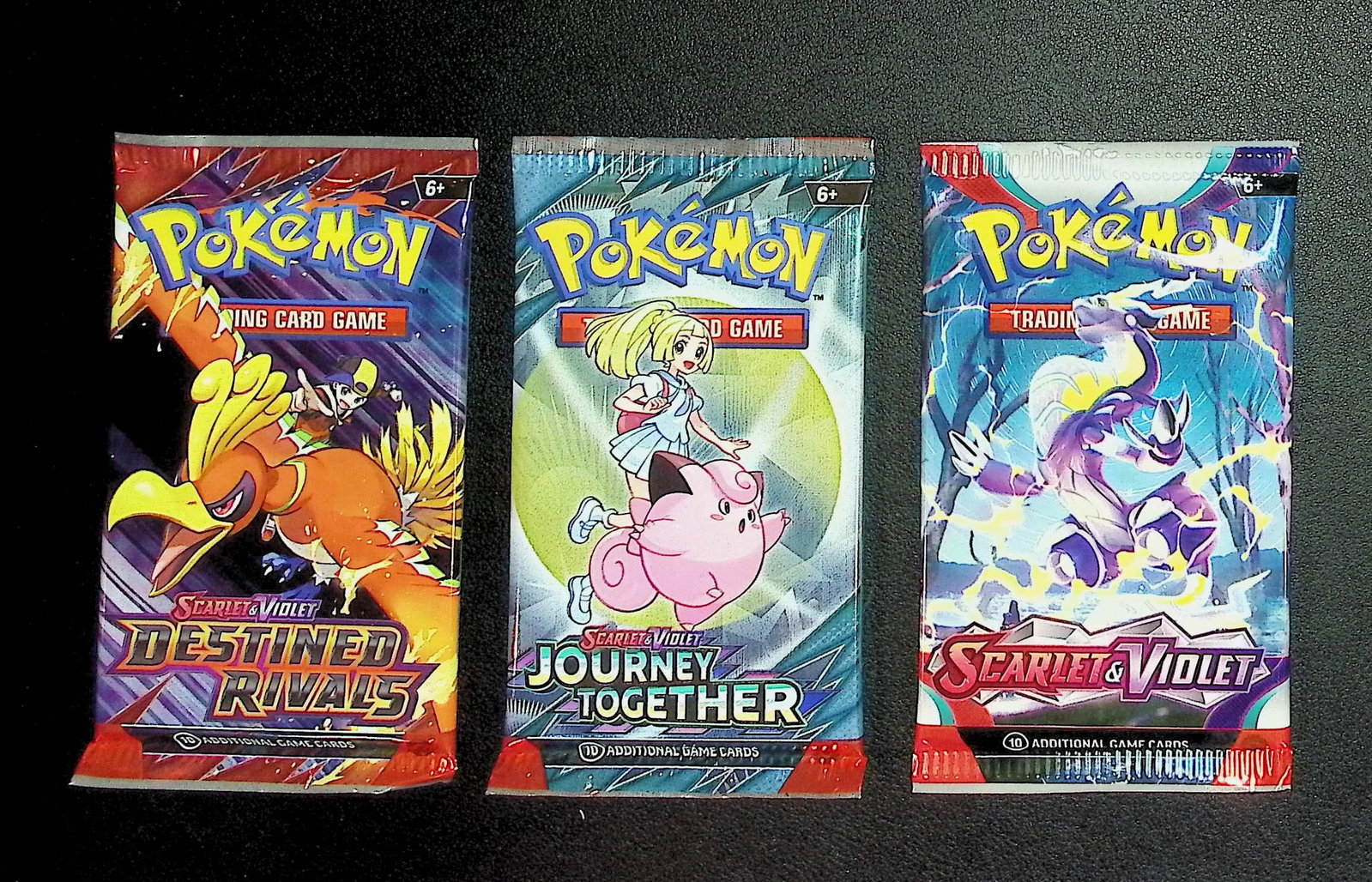 3 COUNT: 1 - Destined Rivals, 1 - Pokemon Journey Together, & 1 - Scarlet & Violet Booster Packs: Pokemon Trading Card Game Cards, Charizard, Pikachu, Mewto, EX, Referse Holo, Holo Rare Cards, Secret Rare Cards, Full Art Cards, Evee, 3 Stars Ultra Rare Cards, Double Rare, Illustration Rare,